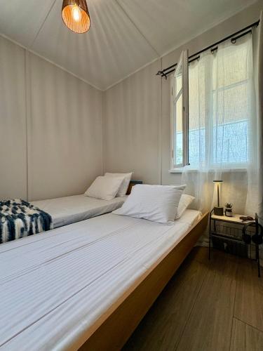 ein Schlafzimmer mit zwei Betten und einem Fenster in der Unterkunft Linos Cottage in Pouláta