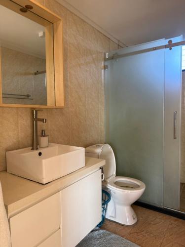 a bathroom with a sink and a toilet and a shower at Trendy Edge Apartments in Nadi