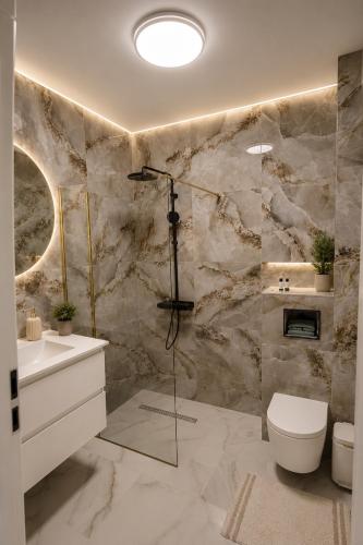 a bathroom with a shower and a toilet and a sink at Zori de Bucovina Apartament in Gura Humorului