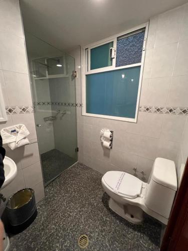 ein Badezimmer mit Toilette, Fenster und Dusche in der Unterkunft Hotel del Principado in Mexiko-Stadt