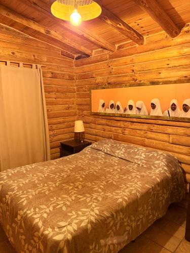 a bedroom with a bed in a log cabin at Cabaña Manzano Historico Punta Negra Lodge 1 in Tunuyán