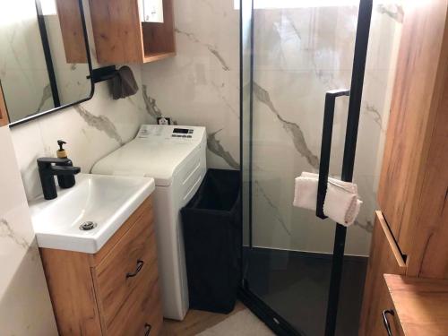 a small bathroom with a sink and a shower at Z widokiem na Jaworzynę in Krynica Zdrój