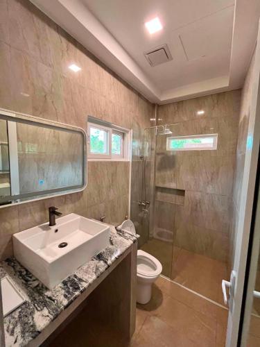 a bathroom with a sink and a shower and a toilet at Turtle's Cavern Oceanfront Resort in San Juan