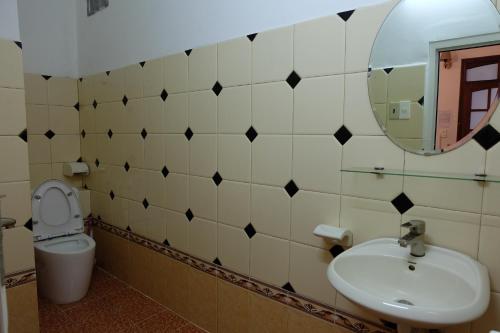 a bathroom with a sink and a mirror and a toilet at Villa Aqua Da Lat in Da Lat