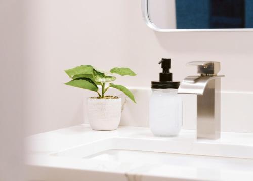 a bathroom sink with a plant and a faucet at Modern Condo • Safe Chicago Stay Near O’Hare in Chicago
