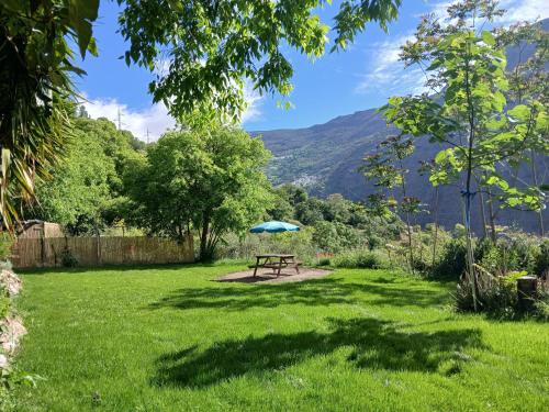 a picnic table with an umbrella in a field of grass at Cortijo De Los Abuelos in Pampaneira