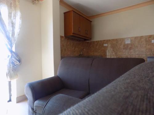 a living room with a couch and a kitchen at Olina Hotel and Apartments Kampala in Kampala