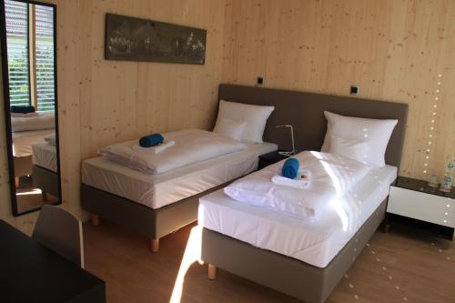 two twin beds in a room with a mirror at mein kleinHOTEL in Herbstein