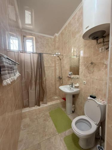a bathroom with a toilet and a shower and a sink at Танхаус Коттедж in Bosteri