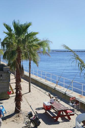 a beach with a picnic table and a palm tree at Oceanic Motel in Ocean City