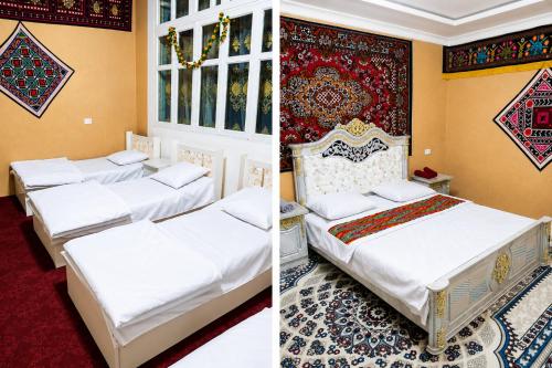two beds in a room with a wall with a rug at Ali guest house Samarkand in Aman-Kutan