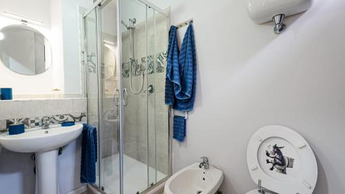 a bathroom with a shower and a toilet and a sink at Villa Xenia in Pizzo