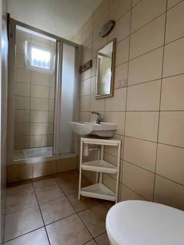a bathroom with a sink and a mirror at Sosenkowo Domki Letniskowe in Pobierowo