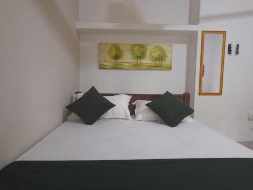 a bedroom with a large white bed with black pillows at The banglow homestay in Anuradhapura