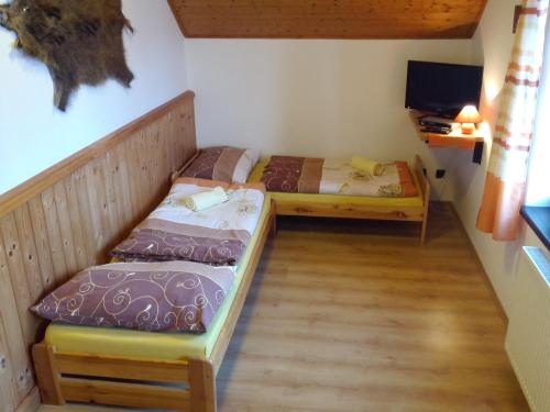 two beds in a small room with a tv at Ubytování - Černá hora in Svoboda nad Úpou