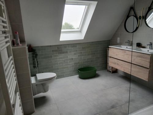 a bathroom with a toilet and a sink and a window at Les mouettes in Huisnes-sur-Mer