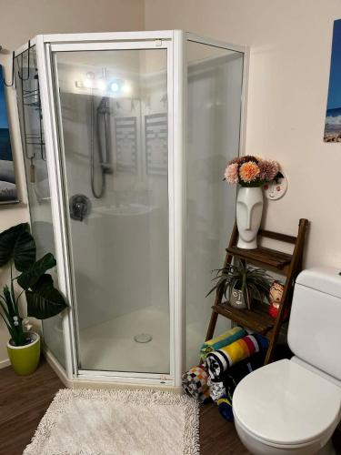 a white shower in a bathroom with a toilet at Oceanside to Seaside 334 in Mount Maunganui