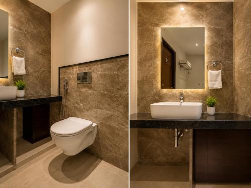 two pictures of a bathroom with a toilet and a sink at Hotel Karma Inn Near Akshay Patra Jagatpura in Jaipur