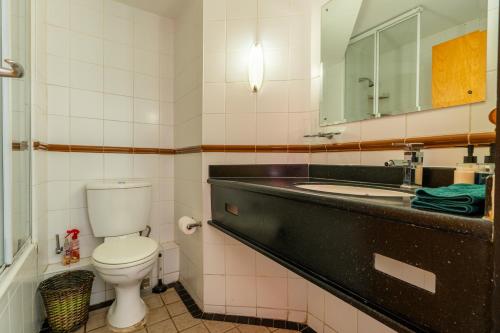 a bathroom with a toilet and a sink and a mirror at 419 Ocean Breeze in Cape Town