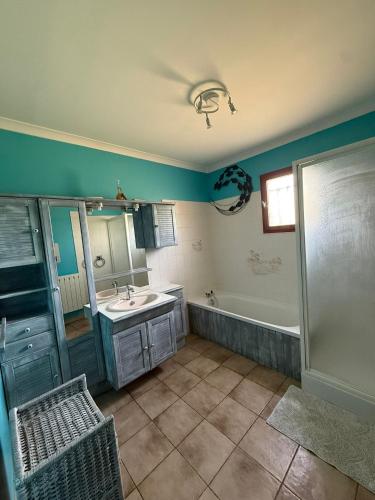 a bathroom with a tub and a sink and a shower at Chez Polo Villa avec piscine et pool house privé in Vallon-Pont-dʼArc