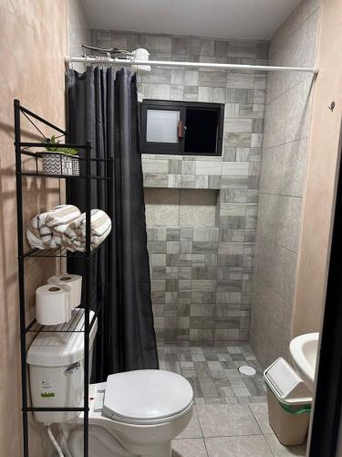 a bathroom with a toilet and a television in it at Departamento en el CENTRO DE XALAPA 2habitaciones GARAGE INCLUIDO in Xalapa