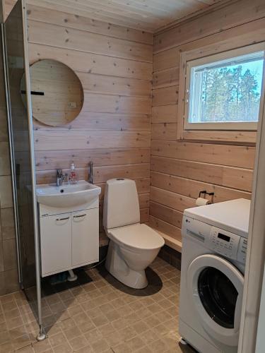 a bathroom with a toilet and a sink and a washing machine at Villa Goškanjávri in Inari