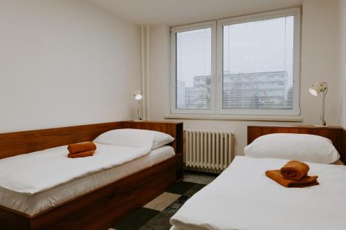 a bedroom with two beds and a window at ŠD Jedlíkova 9 in Košice