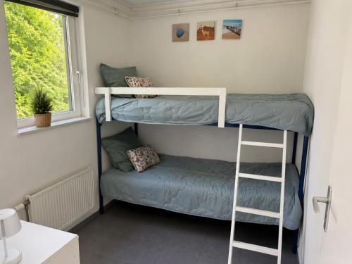 a small room with two bunk beds and a couch at De Duinrand in Oostkapelle