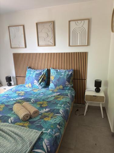 a bedroom with a bed with blue pillows at Studio proche PARIS-orly in Sainte-Geneviève-des-Bois