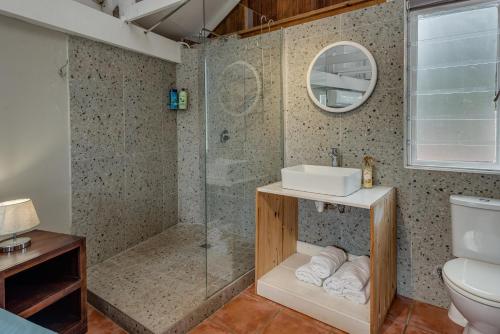 a bathroom with a shower and a sink and a toilet at Mill Park Corner Cottages in Port Elizabeth