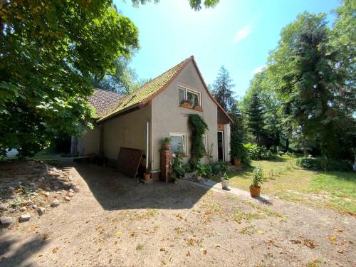 a small white house with a window and a yard at Ferienwohnung Scheffler in Krakvitz