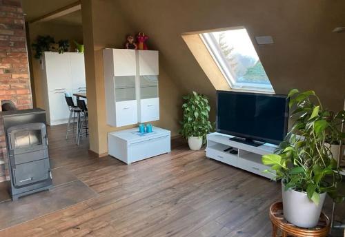 a living room with a flat screen tv and plants at Sonnenhof Krausnick in Krausnick