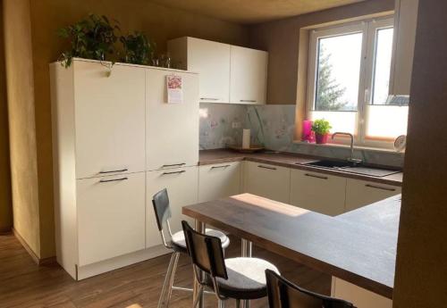a kitchen with white cabinets and a table with chairs at Sonnenhof Krausnick in Krausnick
