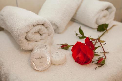 a towel and a red rose on a bed at Hotel Loukas Vrachos in Paralia Vrachou