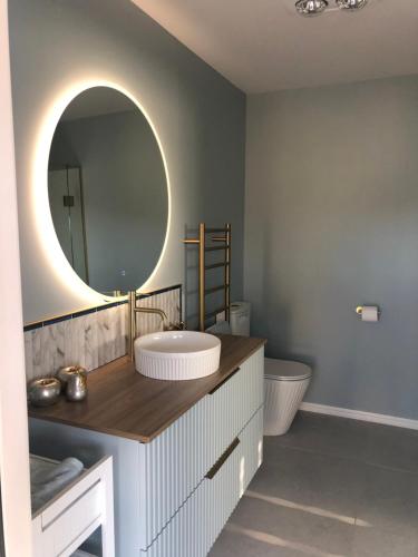 a bathroom with a sink and a mirror at Truffle Ridge Vineyard Stay in Martinborough