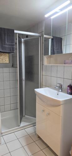 a bathroom with a shower and a sink at Nikolaus EG in Bernkastel-Kues
