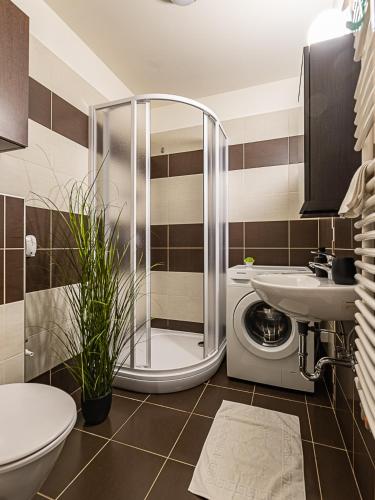 a bathroom with a shower and a toilet and a sink at Six Corners Garden Corner with Terrace and Parking in Pécs