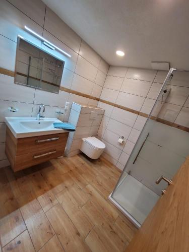 a bathroom with a sink and a toilet and a shower at Rosa s Ferienhaus in Grän