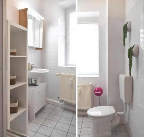 a white bathroom with a toilet and a sink at GUWO Gästewohnung Straupitzstraße 12 in Guben