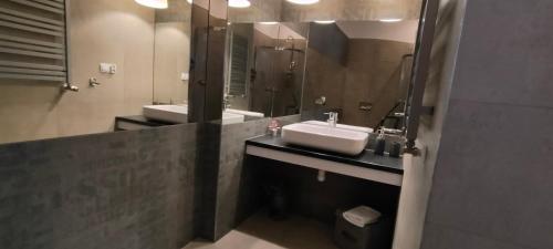 a bathroom with two sinks and a large mirror at 1904 Studio in Świnoujście