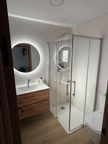 a bathroom with a shower and a sink at Alaire Alojamiento in Algodonales