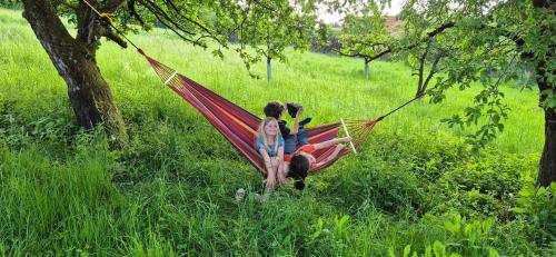 a little girl laying in a hammock in a field at Beim FörschtnSchorsch in Königsfeld