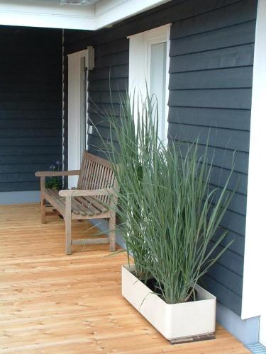 a porch with a bench and a potted plant at Ferienhaus Happy Days in Nordhorn