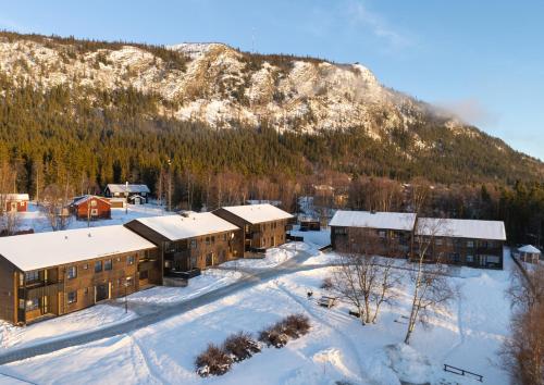 a resort in the snow with a mountain in the background at Nyhem - Funäsdalen in Funäsdalen