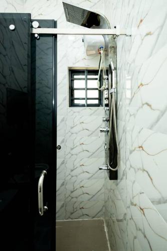 a shower with a glass door in a bathroom at Famous Apartments in Ologode