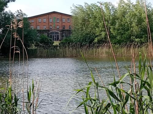 a building in front of a body of water at Scheunen-Domizil in Bollewick