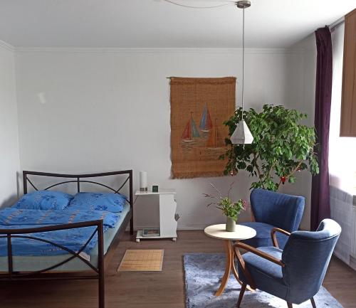 a bedroom with a bed and a table and a chair at Fewo Apfel Striep in Steinkirchen