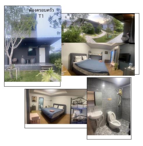 a collage of pictures of a bedroom and a hotel at Baan Suan Papa Resort Wangmuang in Ban Nong Lom (1)