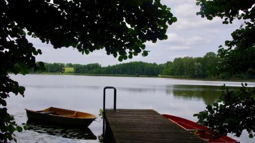 a boat is docked at a dock on a lake at Unterm Dach in Ulrichshusen