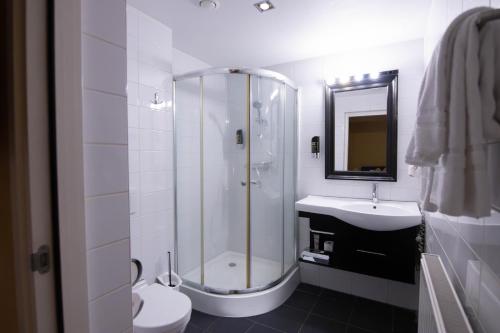 ein Badezimmer mit Dusche, Toilette und Waschbecken in der Unterkunft Hotel Gulpenerland in Gulpen-Wittem
